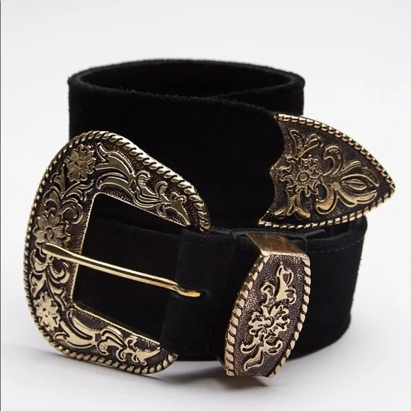 NWT ORNATE FREE PEOPLE GENUINE SUEDE BELT BLACK/GOLD Sz S/M - Picture 1 of 7